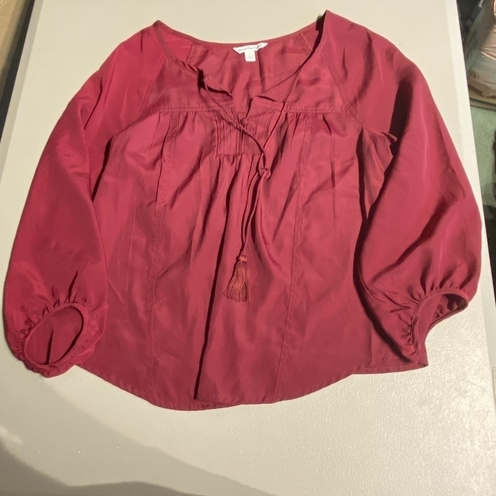 American Eagle AEO Burgundy Boho Bohemian V-Neck Tassel Blouse Women's Small S